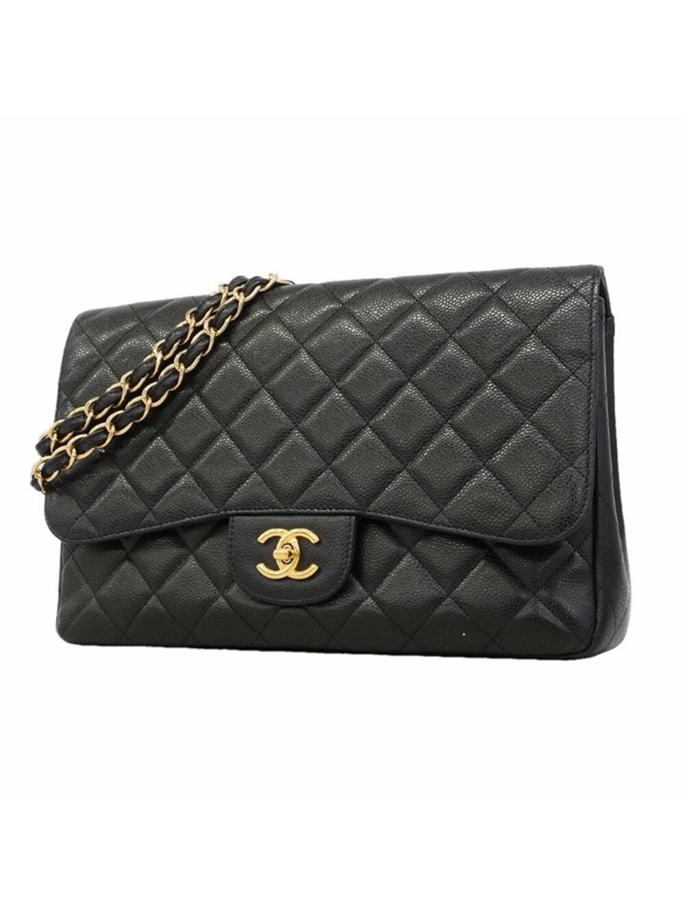 Chanel Shoulder Bag Maxi Quilted Caviar Leather Black Gold